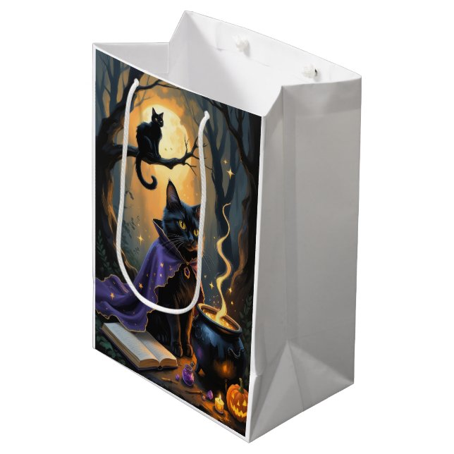 Black Cat Whimsical Halloween Painting Medium Gift Bag (Front Angled)