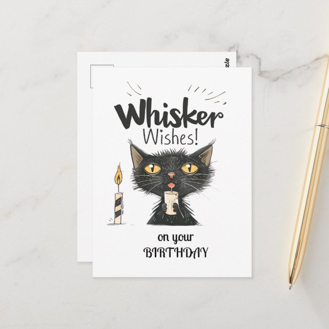 Black Cat Whisker Wishes on Your Birthday Postcard (Front/Back In Situ)
