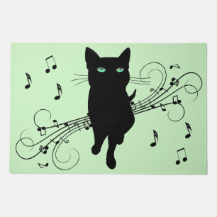 Black Cat Whispering Notes of Music Green Doormat