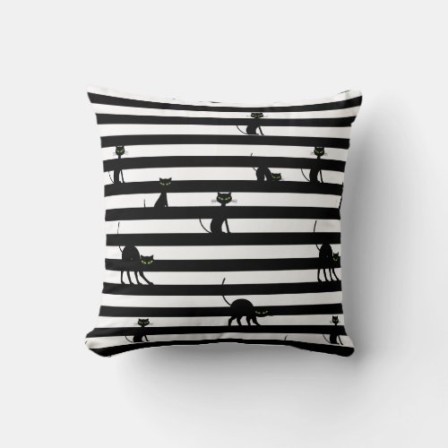 Black Cat  White Stripes Chic Halloween Throw Pillow