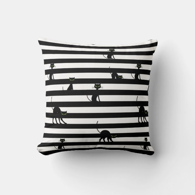 Black Cat & White Stripes Chic Halloween Throw Pillow (Front)