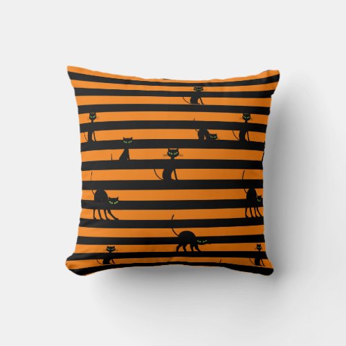 Black Cat  White Stripes Chic Orange Halloween Throw Pillow