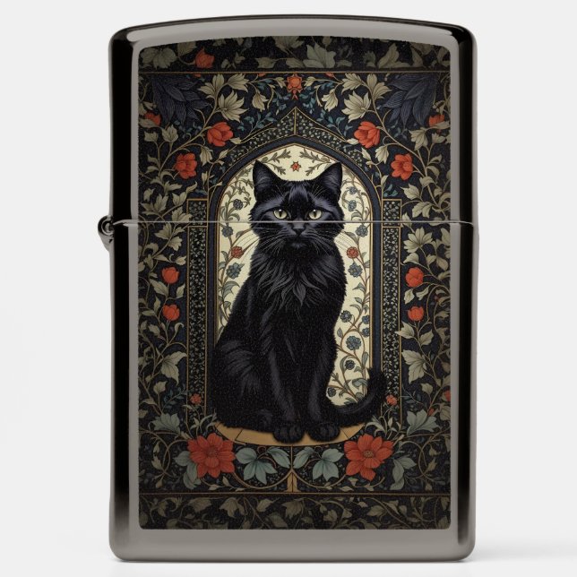 Black Cat William Morris Inspired Zippo Lighter (Front)