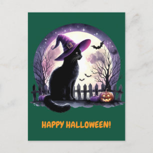 Black Cat Witch and Bats Happy Halloween Holiday Postcard