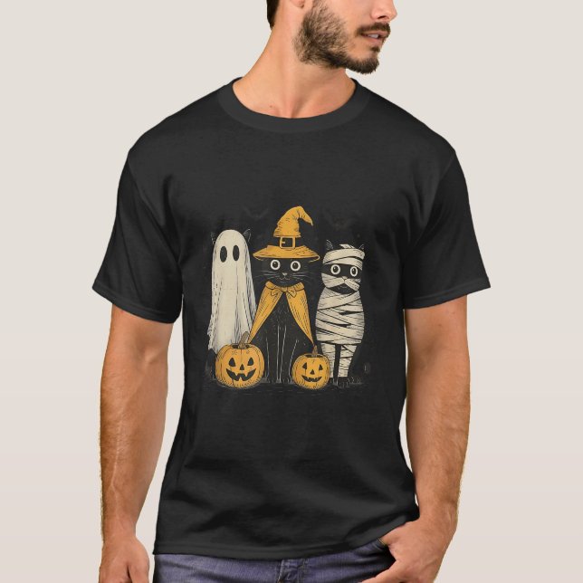 Black Cat Witch Ghost Y Halloween Pumpkin Men Kids T-Shirt (Front)