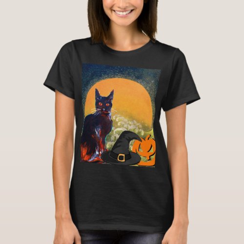 BLACK CATWITCH HAT AND PUMPKINS  HALLOWEEN PARTY T_Shirt