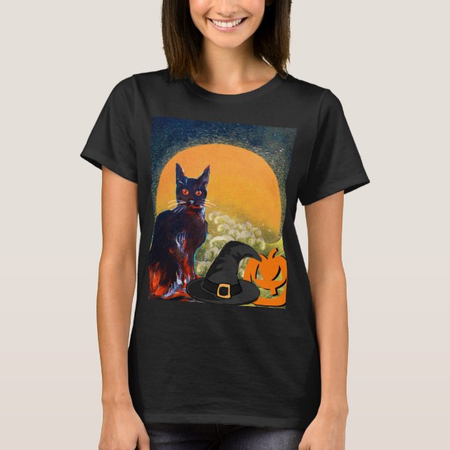 BLACK CAT,WITCH HAT AND PUMPKINS  HALLOWEEN PARTY T-Shirt (Front)