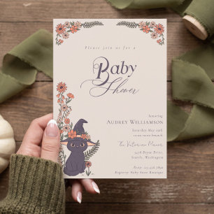 Black Cat Witch Hat Floral Halloween Baby Shower  Invitation
