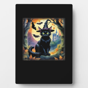 Black Cat Witch Hat Halloween Full Moon Bats Color Plaque