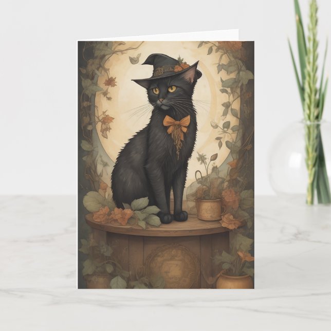 Black cat witch hat Halloween harvest full moon Thank You Card (Front)
