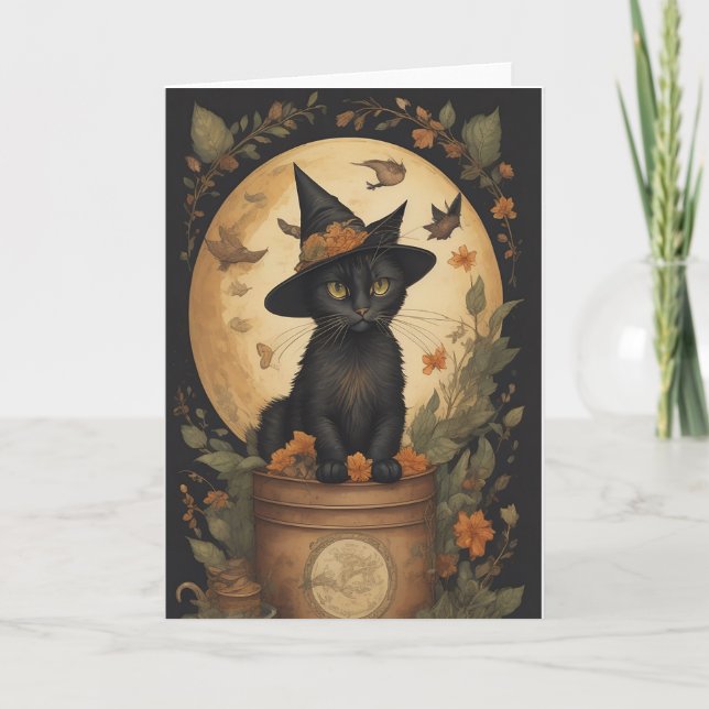 Black cat witch hat Halloween Thank You Card (Front)