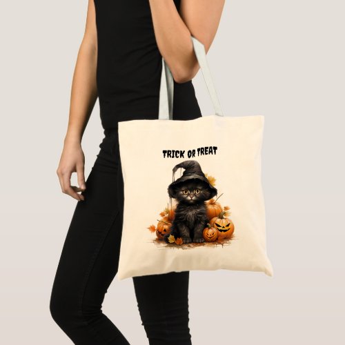 Black Cat Witch Hat Kids Halloween Trick or Treat Tote Bag