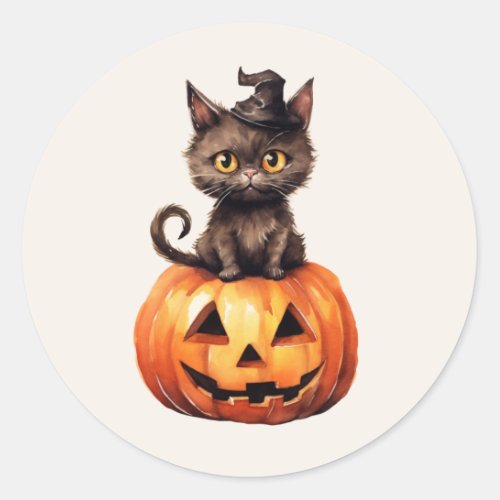 Black Cat Witch Hat Orange Jack O Lantern Pumpkin Classic Round Sticker