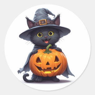Black Cat Witch Hat Pumpkin Halloween Decor 🎃 Classic Round Sticker