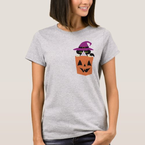 Black Cat Witch in Pocket  Funny Halloween kids T_Shirt