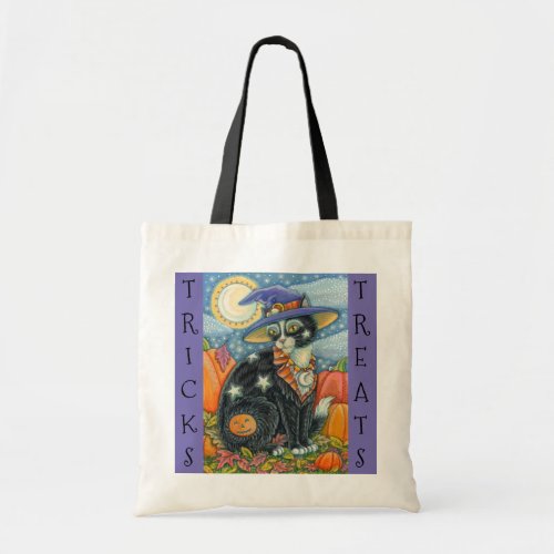 BLACK CAT WITCH  MOUSE HALLOWEEN TRICK OR TREAT TOTE BAG