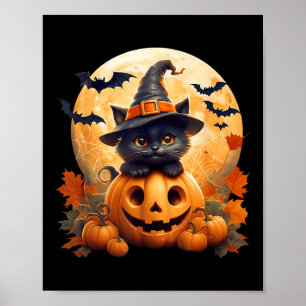Black Cat Witch Pumpkin Halloween Costume Retro Fa Poster
