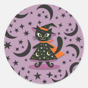 Black Cat Witch Purple Moon Stars Halloween Party Classic Round Sticker