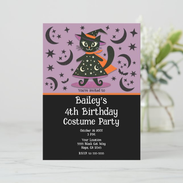 Black Cat Witch Purple Moon Stars Halloween Party  Invitation (Standing Front)