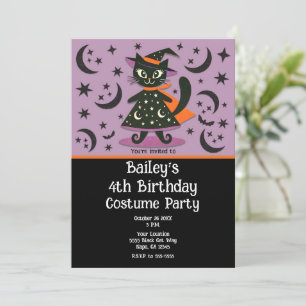 Black Cat Witch Purple Moon Stars Halloween Party  Invitation