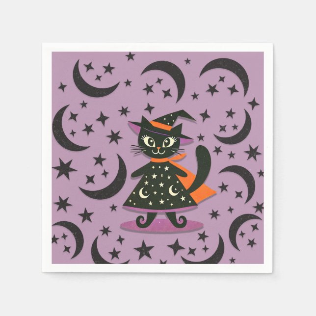 Black Cat Witch Purple Moon Stars Halloween Party  Napkins (Front)