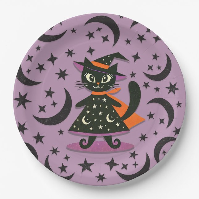 Black Cat Witch Purple Moon Stars Halloween Party  Paper Plates (Front)