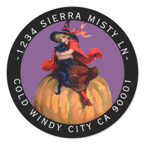 Black Cat Witch Return Address Vintage Halloween Classic Round Sticker