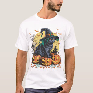 Black Cat Witch Scary Halloween Pumpkin Oversized T-Shirt