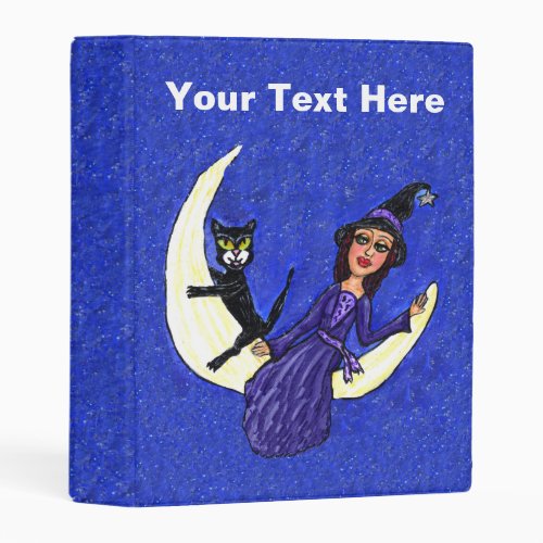 Black Cat Witch Sitting on Moon Tiny Sparkles Mini Binder