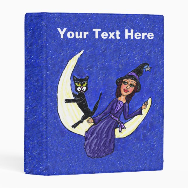 Black Cat Witch Sitting on Moon Tiny Sparkles Mini Binder (Front/Spine)