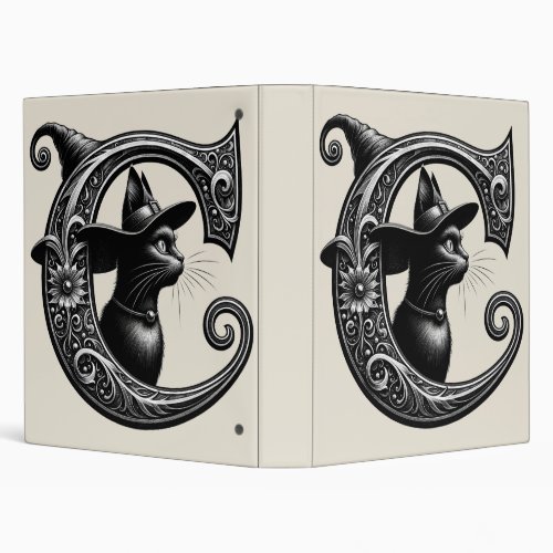Black Cat Witch Witchy Letter C Custom Initial   3 Ring Binder
