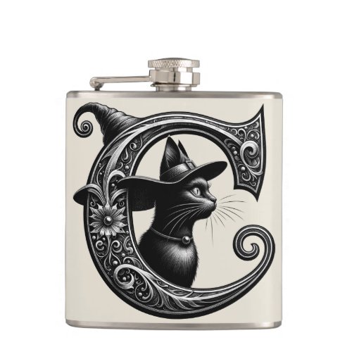 Black Cat Witch Witchy Letter C Custom Initial  Flask