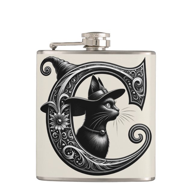 Black Cat Witch Witchy Letter C Custom Initial  Flask (Front)