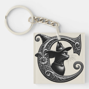 Black Cat Witch Witchy Letter C Custom Initial  Keychain