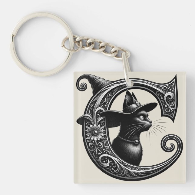 Black Cat Witch Witchy Letter C Custom Initial  Keychain (Front)