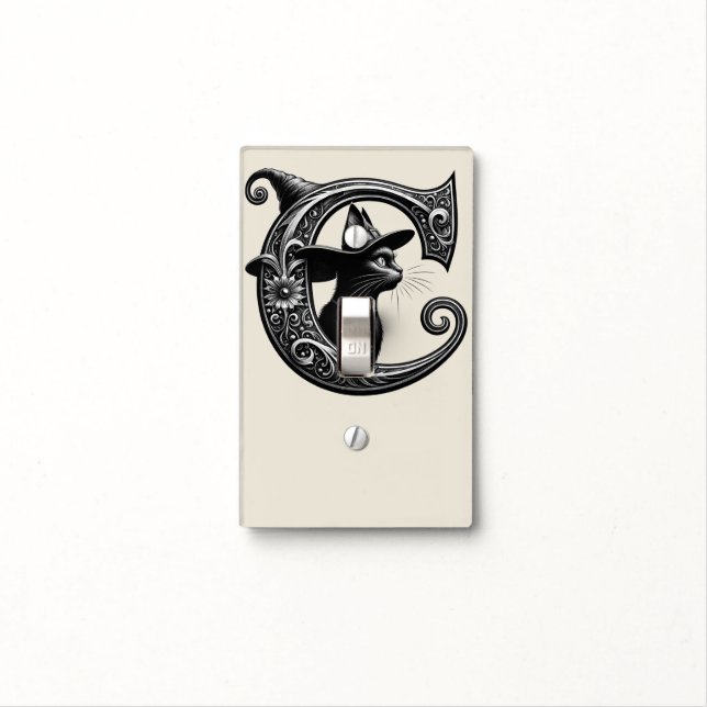 Black Cat Witch Witchy Letter C Custom Initial   Light Switch Cover (In Situ)