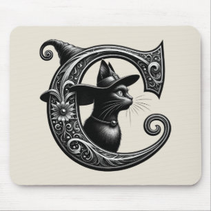 Black Cat Witch Witchy Letter C Custom Initial Mouse Pad
