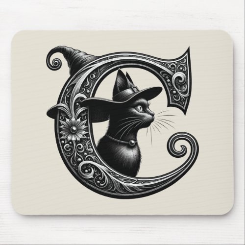 Black Cat Witch Witchy Letter C Custom Initial  Mouse Pad