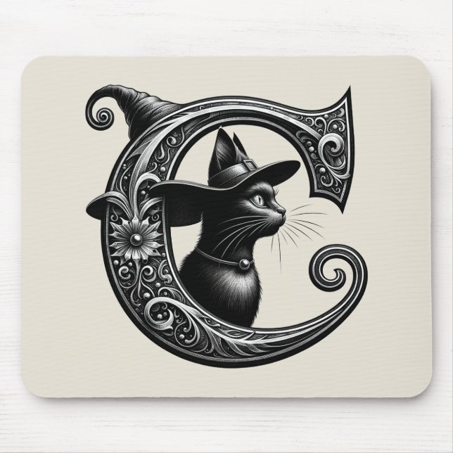 Black Cat Witch Witchy Letter C Custom Initial  Mouse Pad (Front)