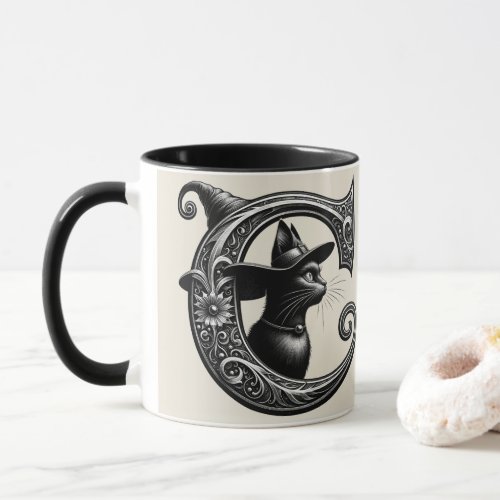 Black Cat Witch Witchy Letter C Custom Initial  Mug