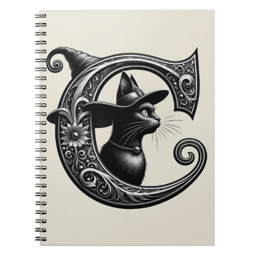 Black Cat Witch Witchy Letter C Custom Initial  Notebook