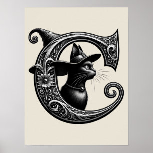 Black Cat Witch Witchy Letter C Custom Initial   Poster