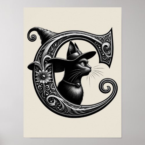 Black Cat Witch Witchy Letter C Custom Initial   Poster