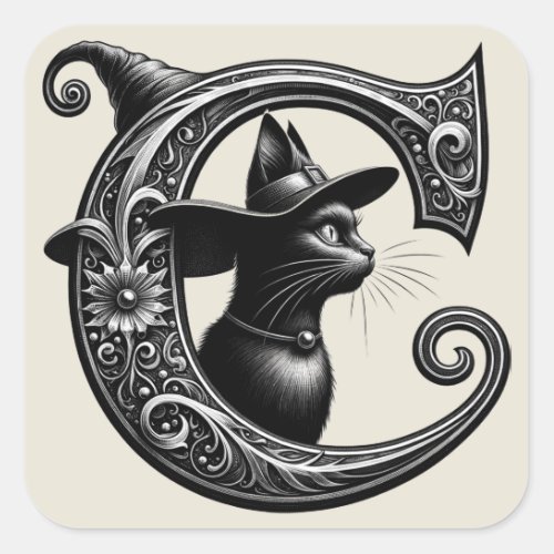 Black Cat Witch Witchy Letter C Custom Initial  Square Sticker