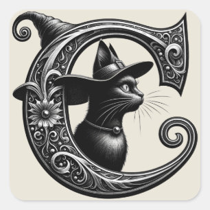 Black Cat Witch Witchy Letter C Custom Initial Square Sticker