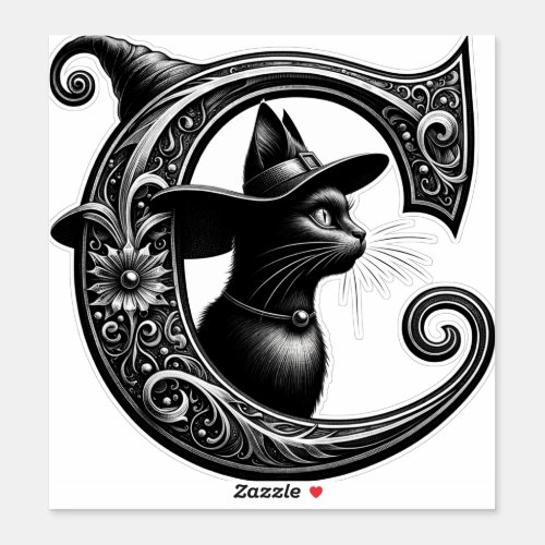 Black Cat Witch Witchy Letter C Custom Initial  Sticker
