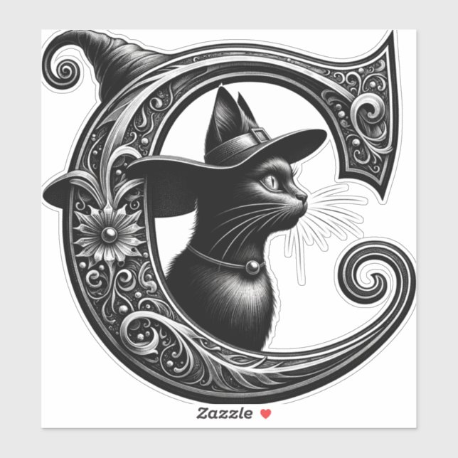 Black Cat Witch Witchy Letter C Custom Initial  Sticker (Sheet)