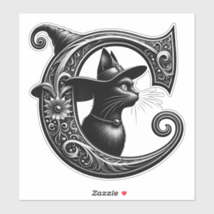 Black Cat Witch Witchy Letter C Custom Initial Sticker
