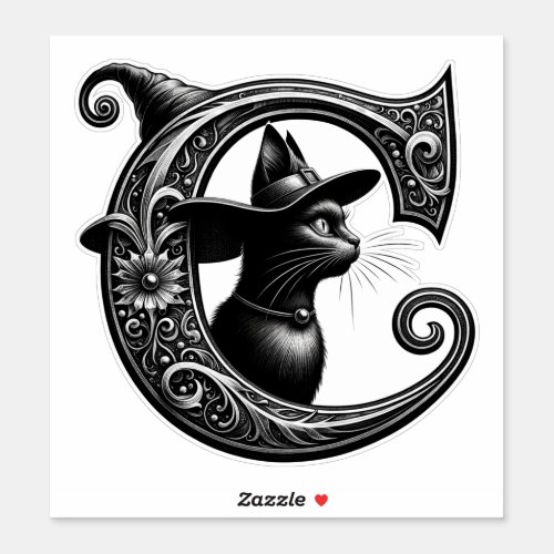 Black Cat Witch Witchy Letter C Custom Initial  Sticker