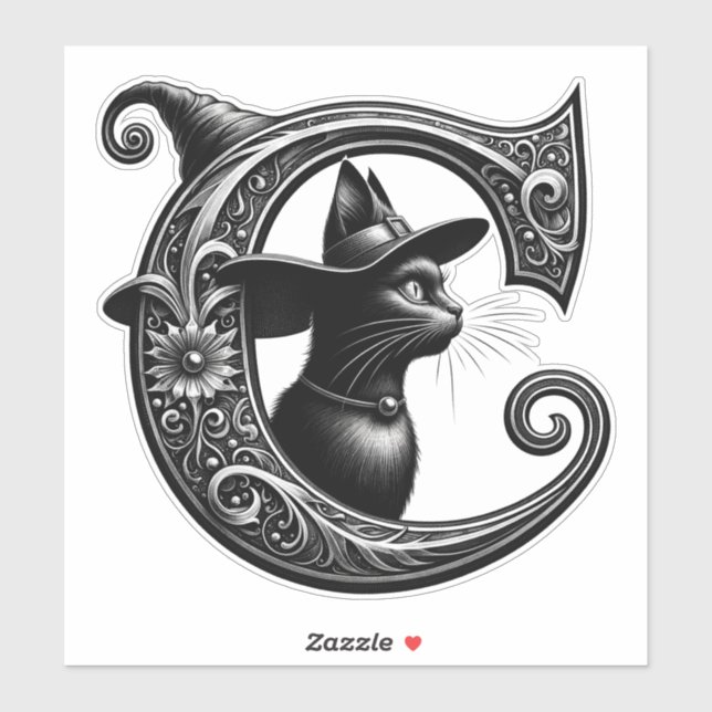 Black Cat Witch Witchy Letter C Custom Initial  Sticker (Sheet)